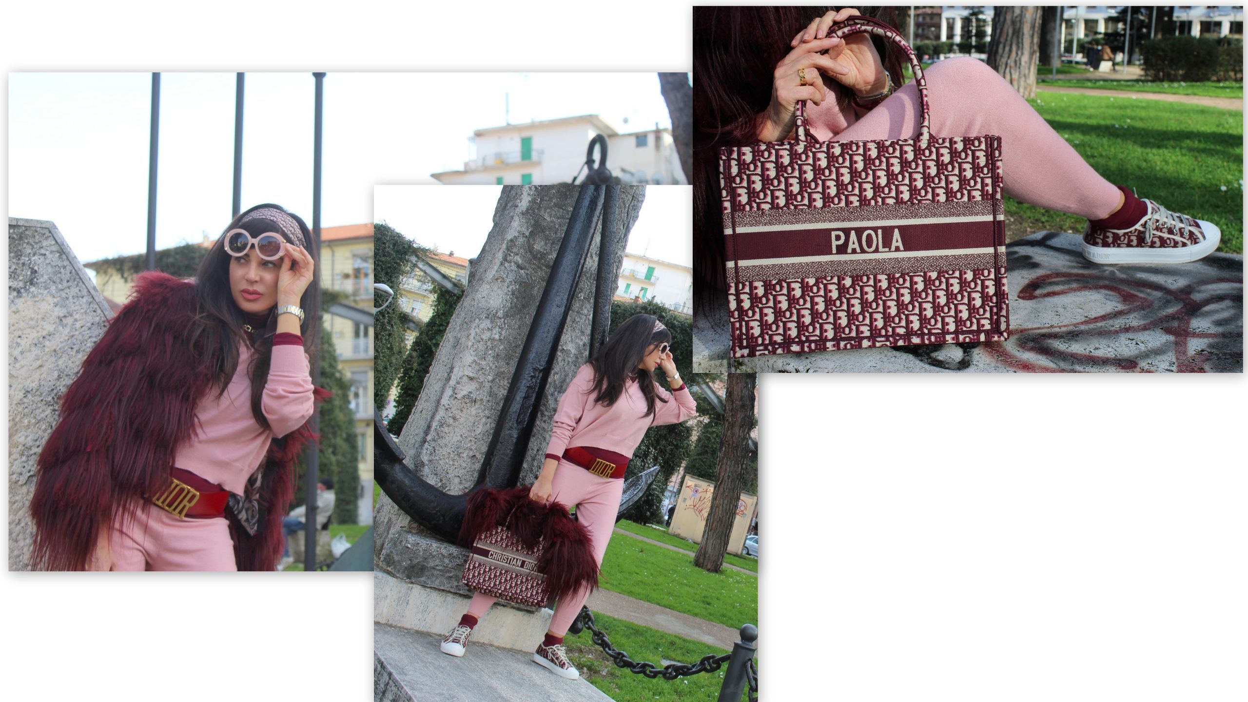 total look dior pink burgundy accessories bag street style Paola Lauretano