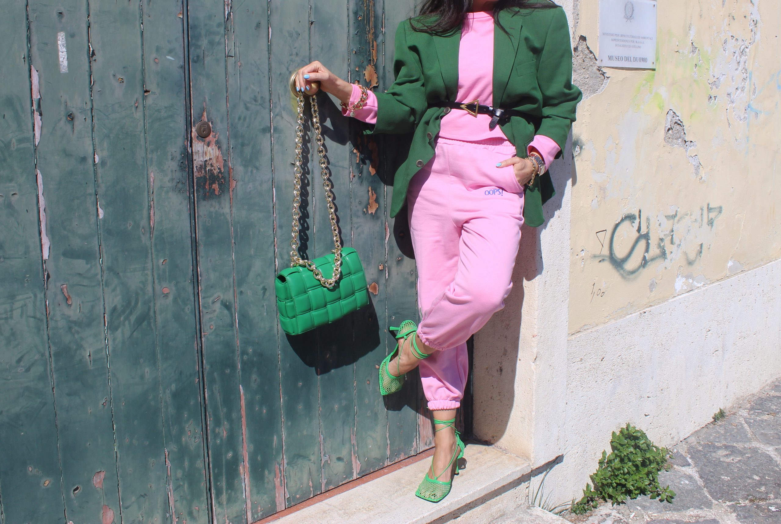 Baby pink and dark green color block spring Prada Shoes Bottega Veneta Bag Paola Lauretano