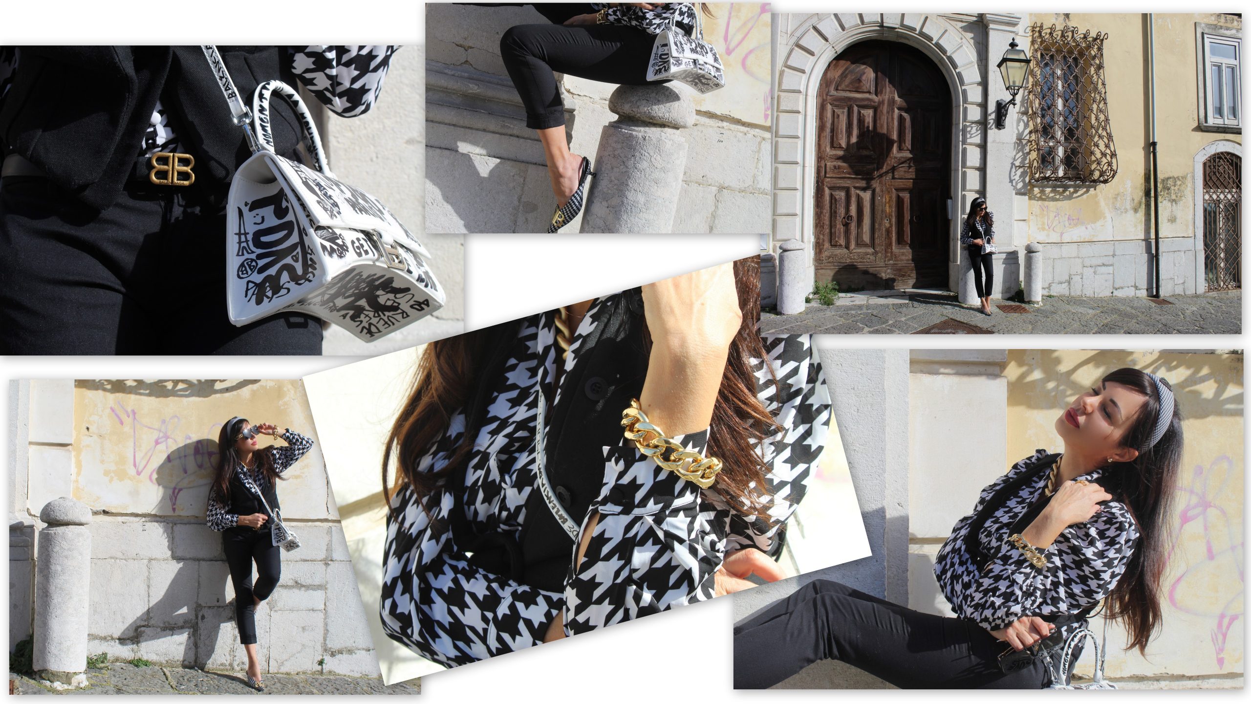 animalier fabric prints black and white outfit Prada accessories 