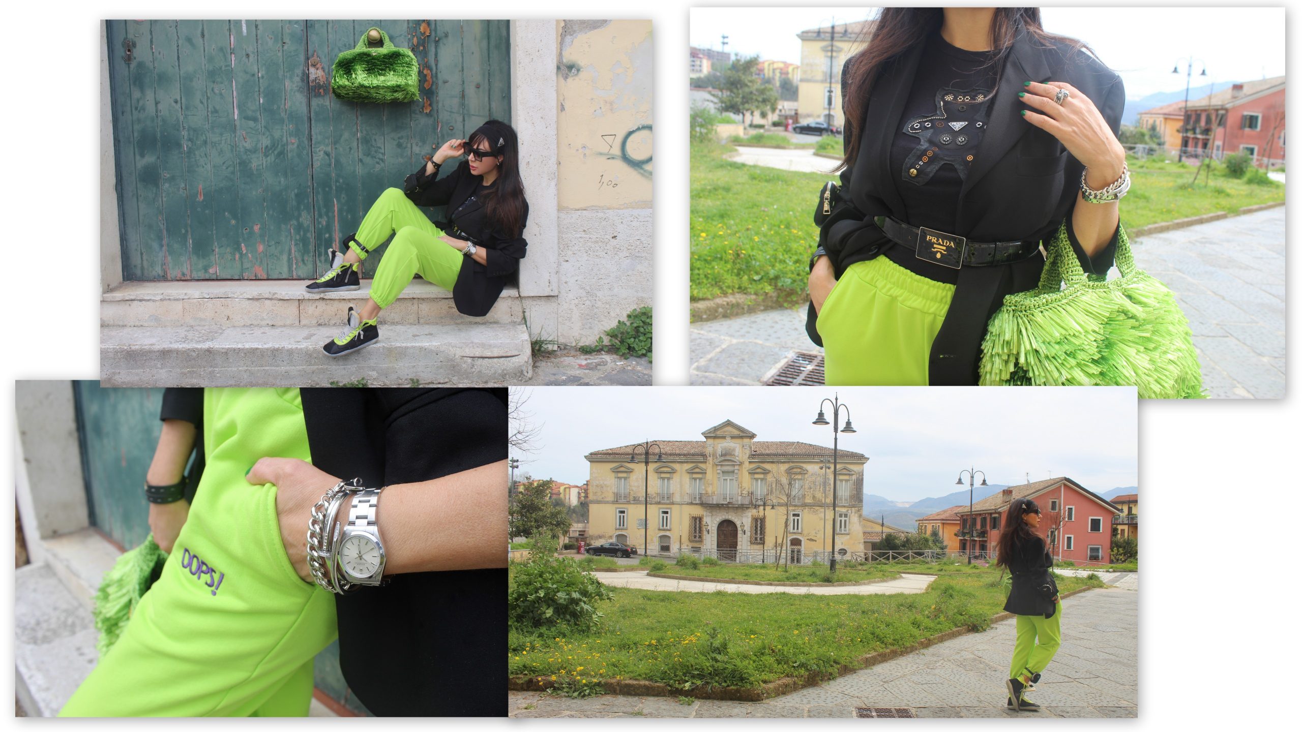 joggers and zara blazer trend acid lime green Prada accessories Paola Lauretano 