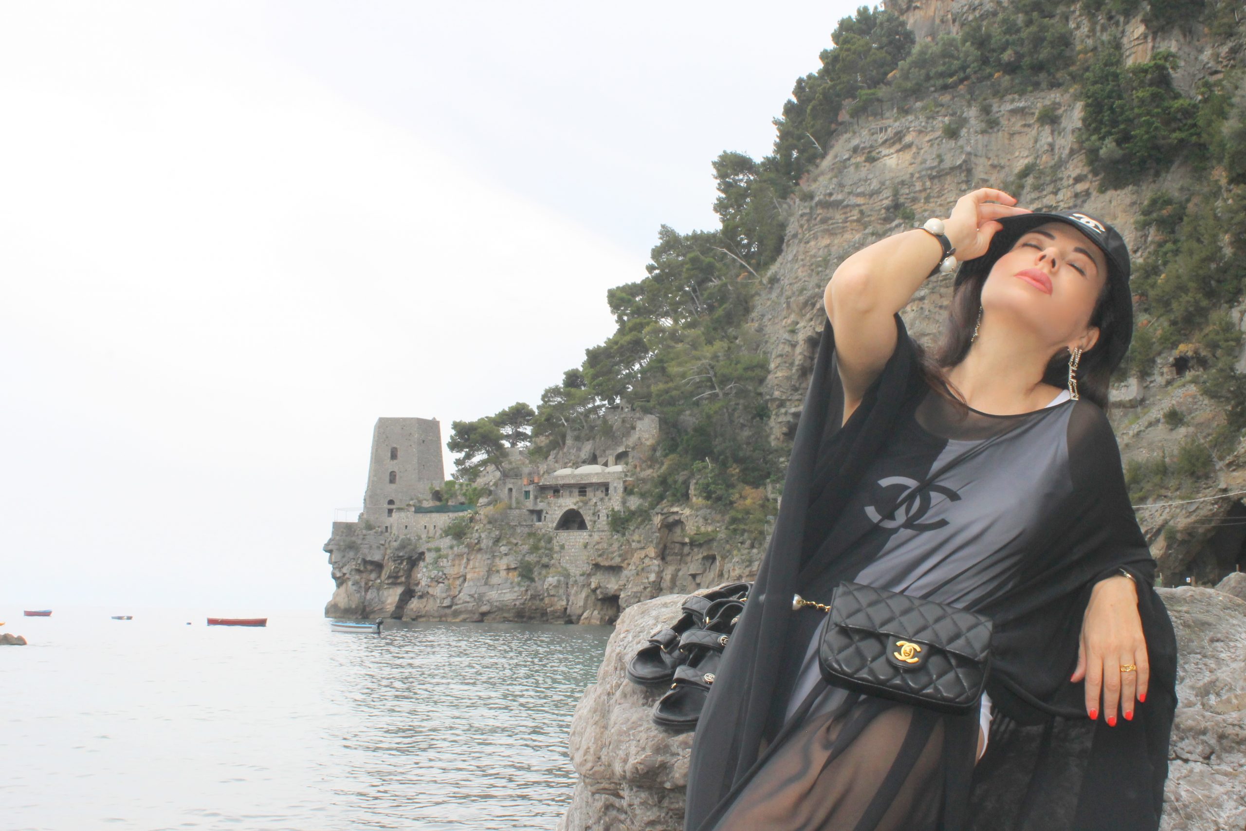 Positano Amalfi Coast Vacation Italian Holiday Inspo Aesthetic Chanel Total Look Black and White Paola Lauretano
