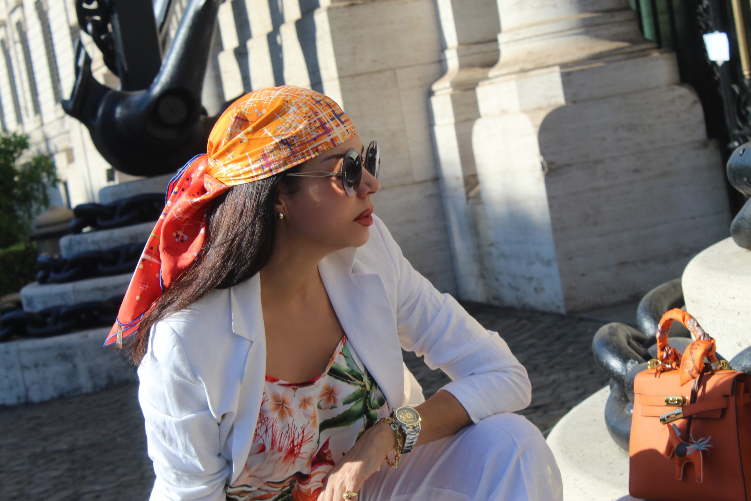 White Linen Chic Summer Look MaxMara Hermes Bag Dior Accessories Orange Look Paola Lauretano