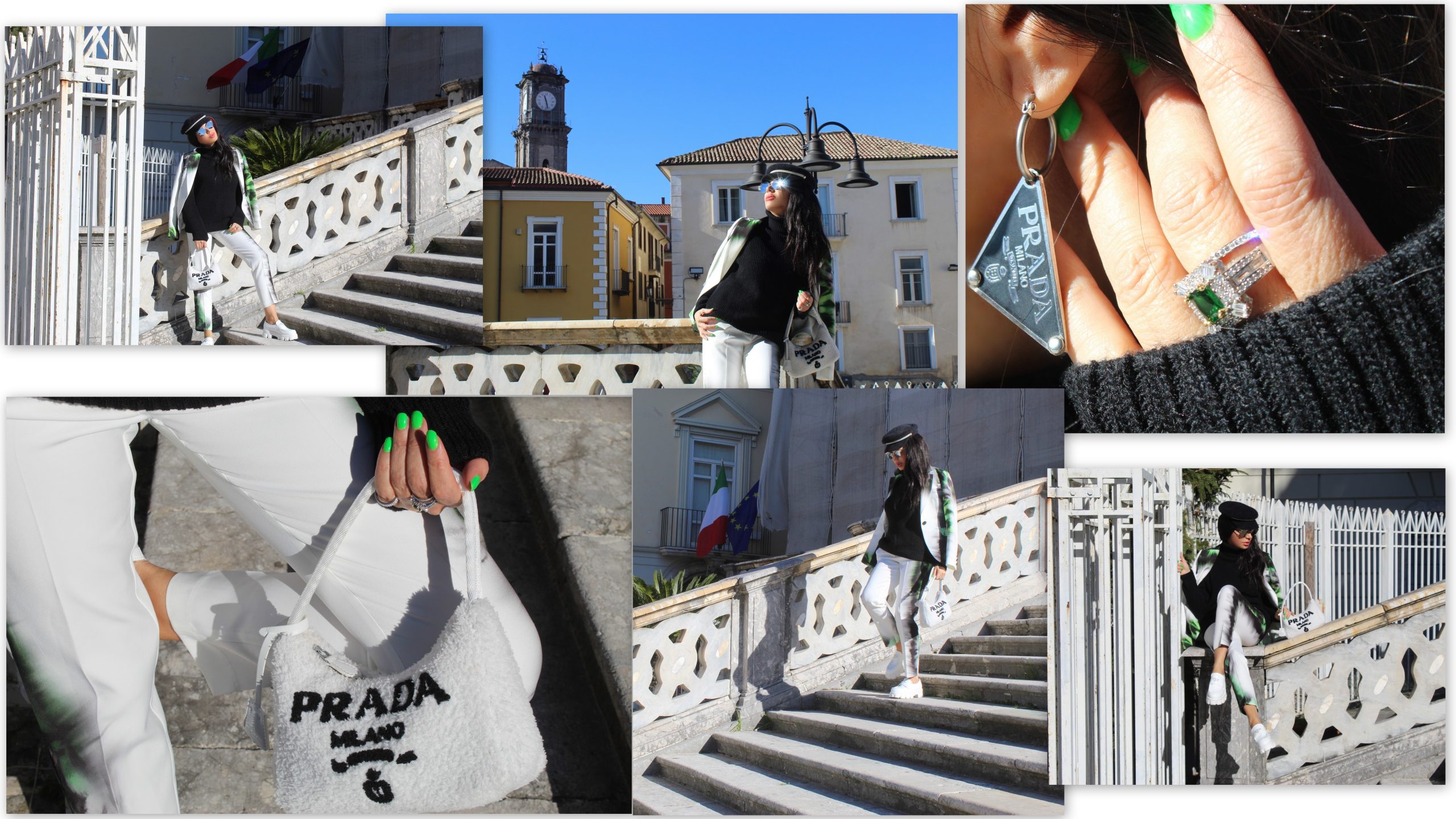 Black and White SPELL tailleur  ZARA pull  PRADA accessories Street Style Inspo Paola Lauretano 