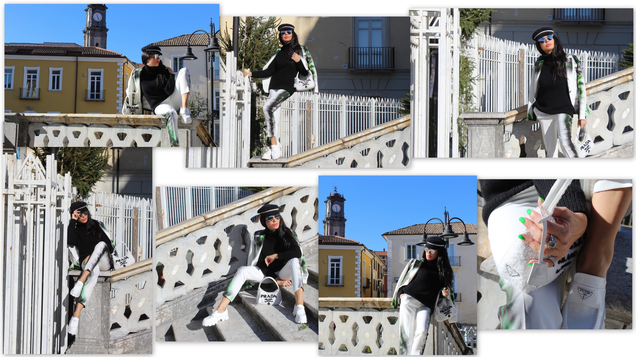 Black and White SPELL tailleur  ZARA pull  PRADA accessories Street Style Inspo Paola Lauretano 