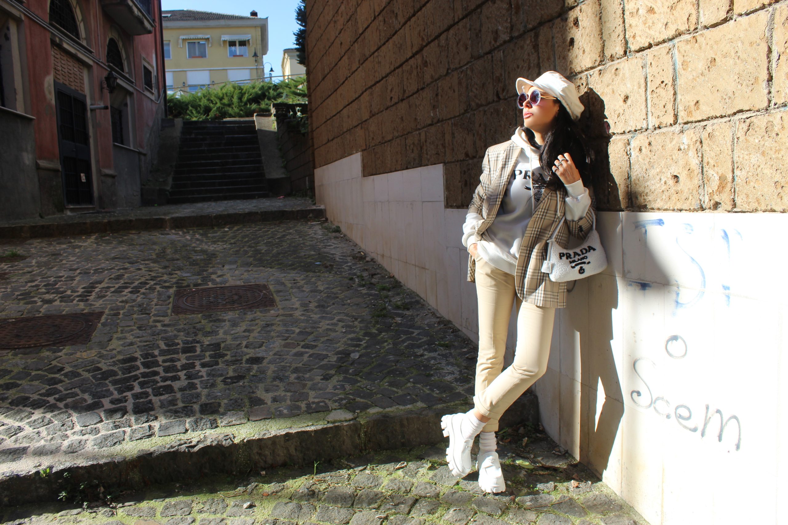 IMPERIAL blazer  ELISABETTA FRANCHI  pants  PRADA  sweater, bag and loafers Paola Lauretano