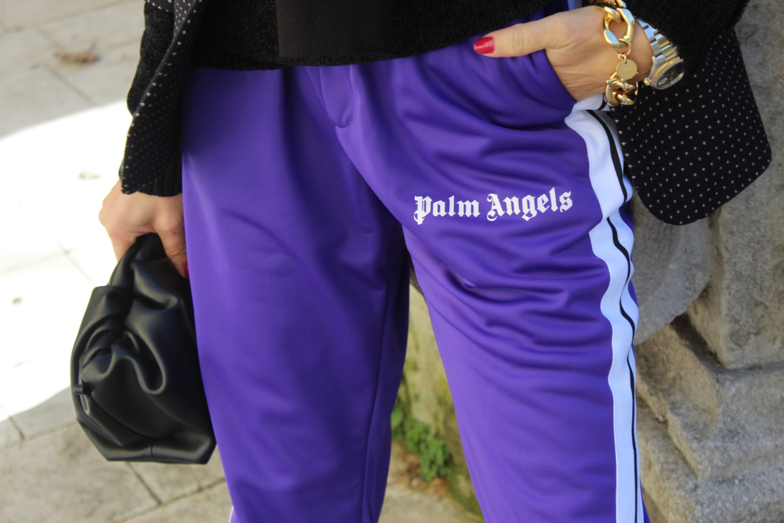 sporty chic style PALM ANGELS trucksuit, hoodie and hat CRISTINAEFFE blazer  BOTTEGA VENETA clutch and sandals