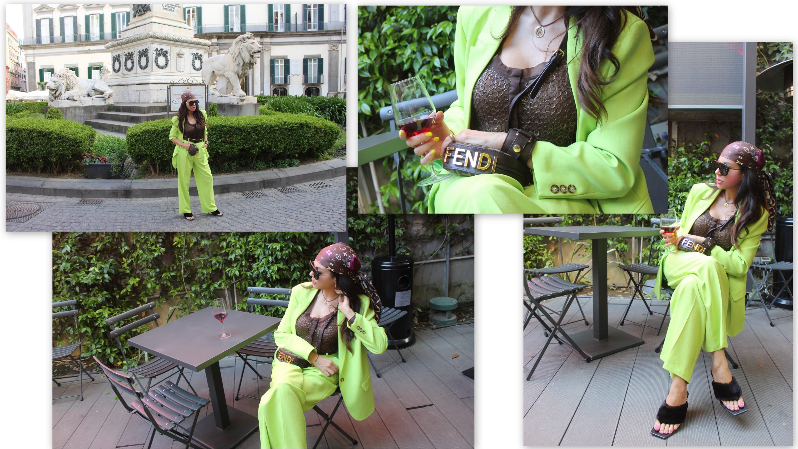 Naples Italy VICOLO tailleur LOUIS VUITTON foulard FENDI accessories green and brown look Paola Lauretano 