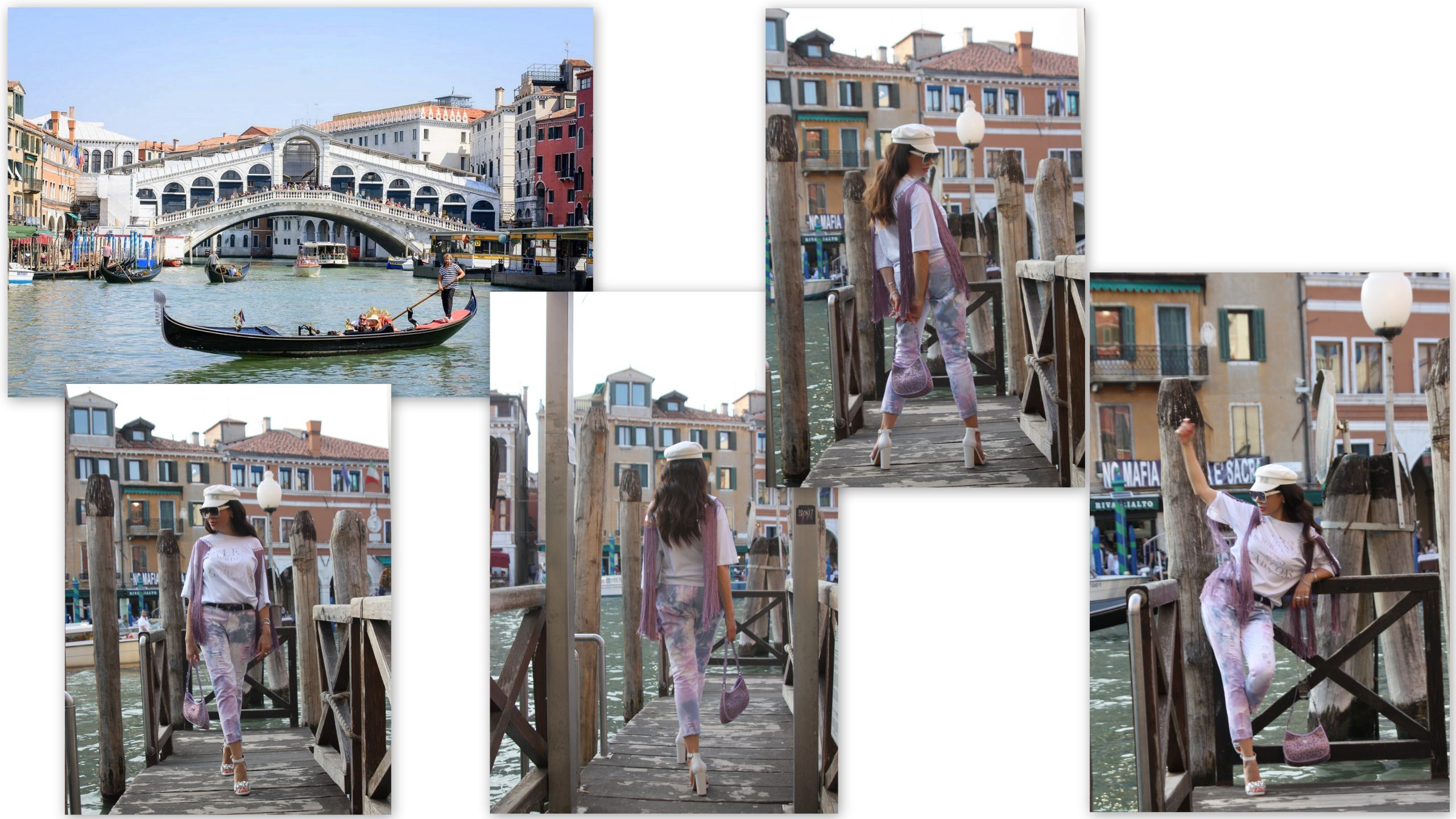LES BOURDELLES DES GARCONS tee RUSLAN BAGINSKIY hat DIXIE jeans PRADA belt and bag JIMMY CHOO sandals Venice Travel Paola Lauretano